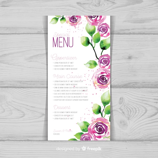 Vetor grátis modelo de menu de casamento floral em aquarela