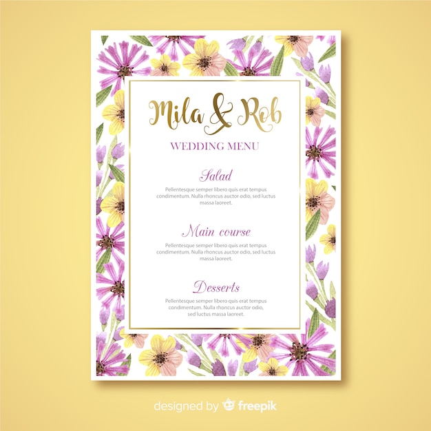 Modelo de menu de casamento floral em aquarela