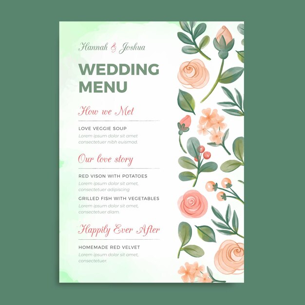 Modelo de menu de casamento floral