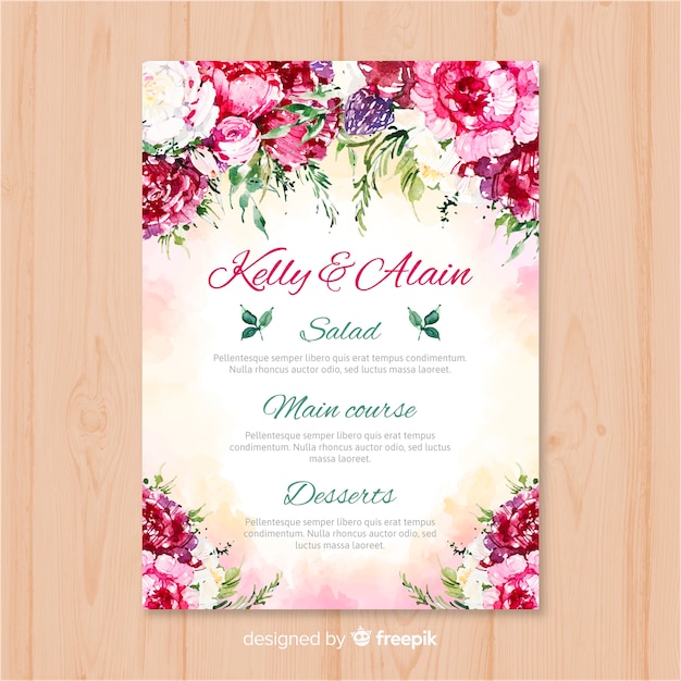 Modelo de menu de casamento natureza aquarela