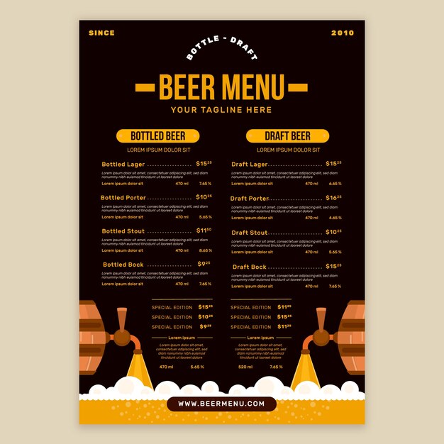 Modelo de menu de cerveja de design plano