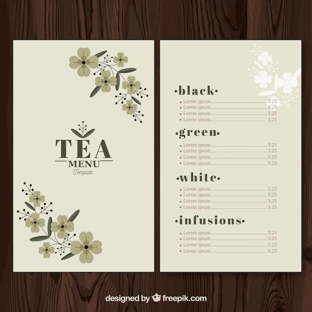 Vetor grátis modelo de menu de chá com bebidas diferentes