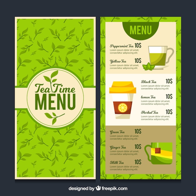Vetor grátis modelo de menu de chá com lista de bebidas