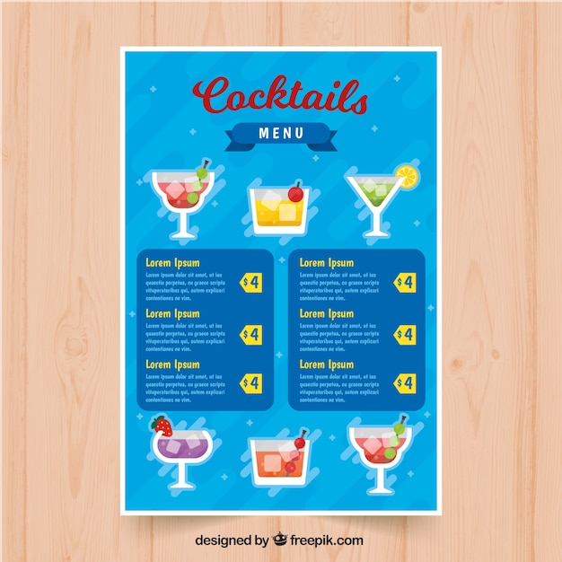 Modelo de menu de cocktails em estilo plano