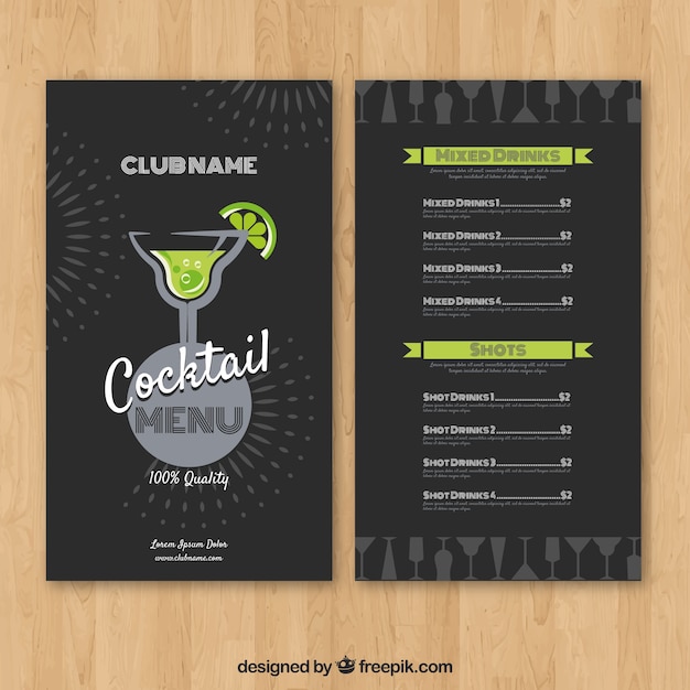 Modelo de menu de cocktails em estilo plano