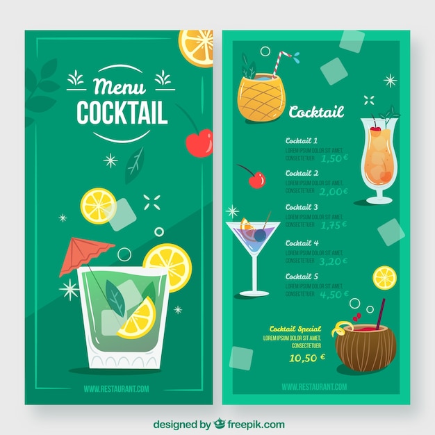 Modelo de menu de cocktails em estilo plano