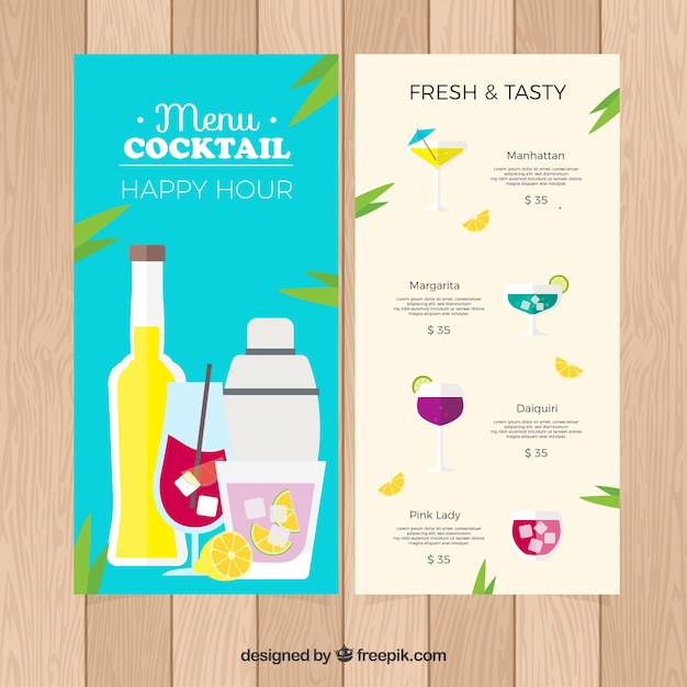 Modelo de menu de cocktails em estilo plano