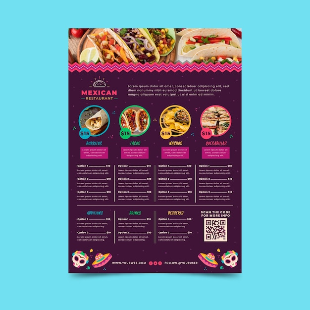 Modelo de menu de comida mexicana com foto