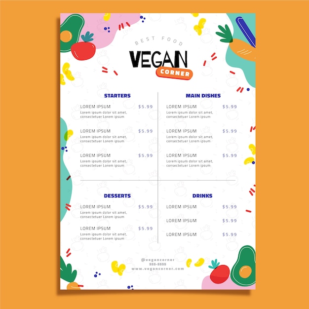 Modelo de menu de comida vegana deliciosa