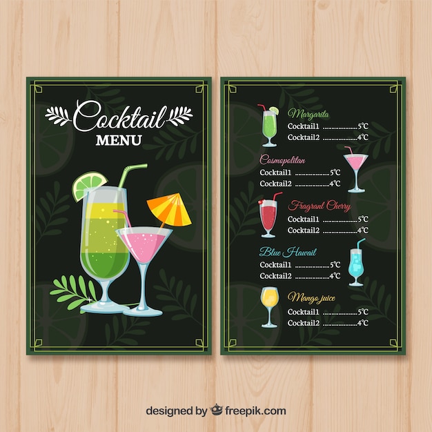 Modelo de menu de coquetéis em estilo simples