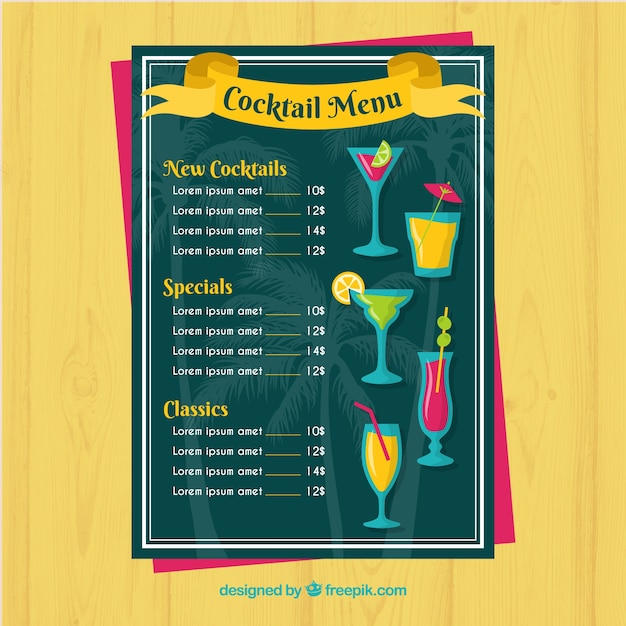 Modelo de menu de coquetel com design plano