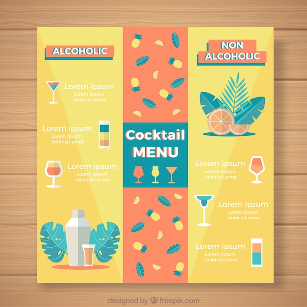 Modelo de menu de coquetel com design plano