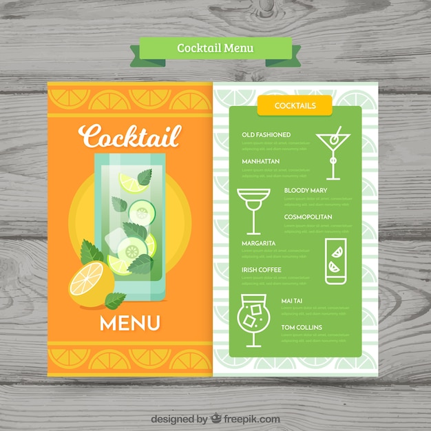 Modelo de menu de coquetel com design plano