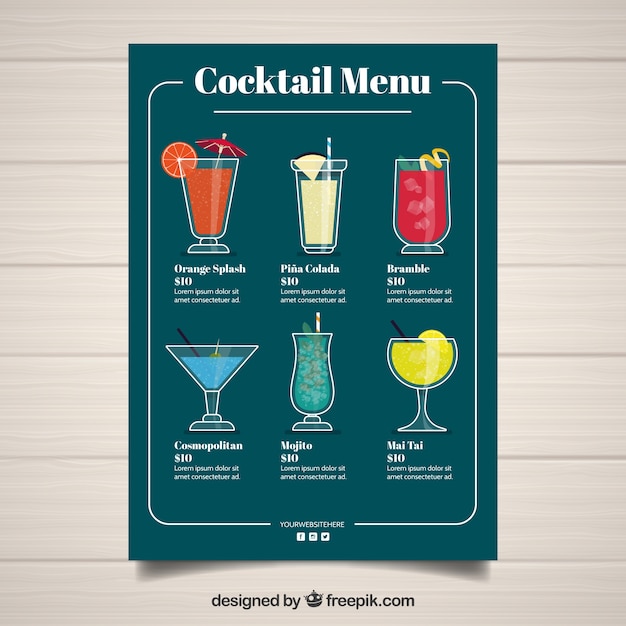 Modelo de menu de coquetel com design plano