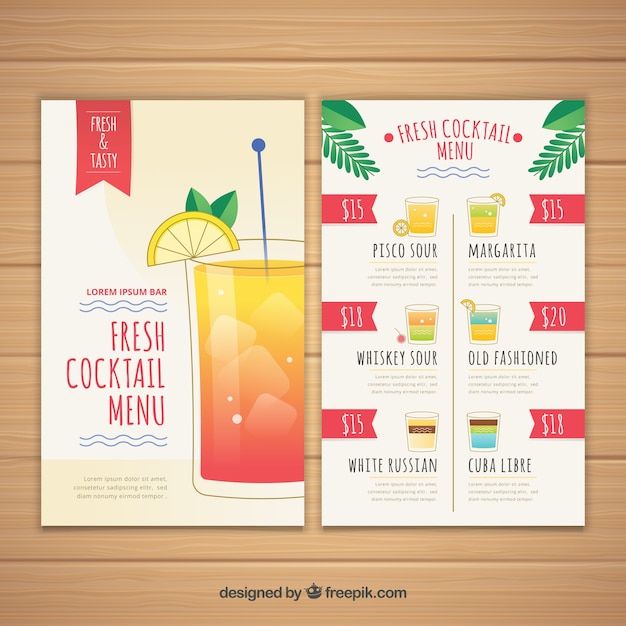 Modelo de menu de coquetel com design plano