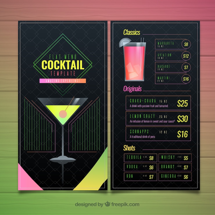 Vetor grátis modelo de menu de coquetel com design plano