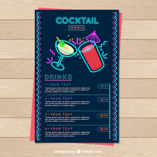 Modelo de menu de coquetel em design plano