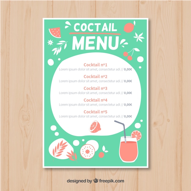 Modelo de menu de coquetel em estilo desenhado à mão