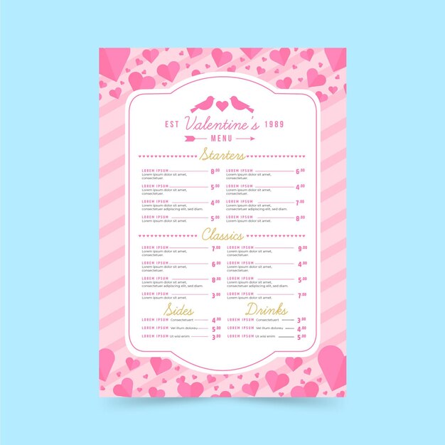 Modelo de menu de design plano para dia dos namorados