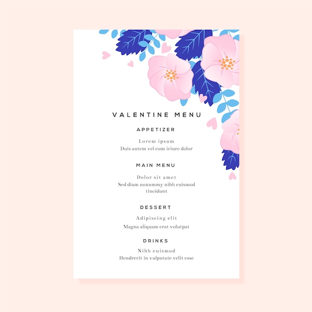 Modelo de menu de dia dos namorados design plano com flores