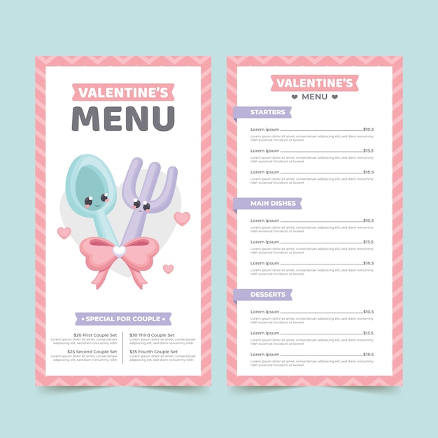 Modelo de menu de dia dos namorados design plano