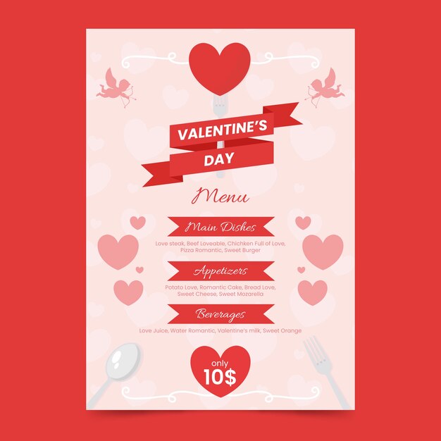 Modelo de menu de dia dos namorados design plano