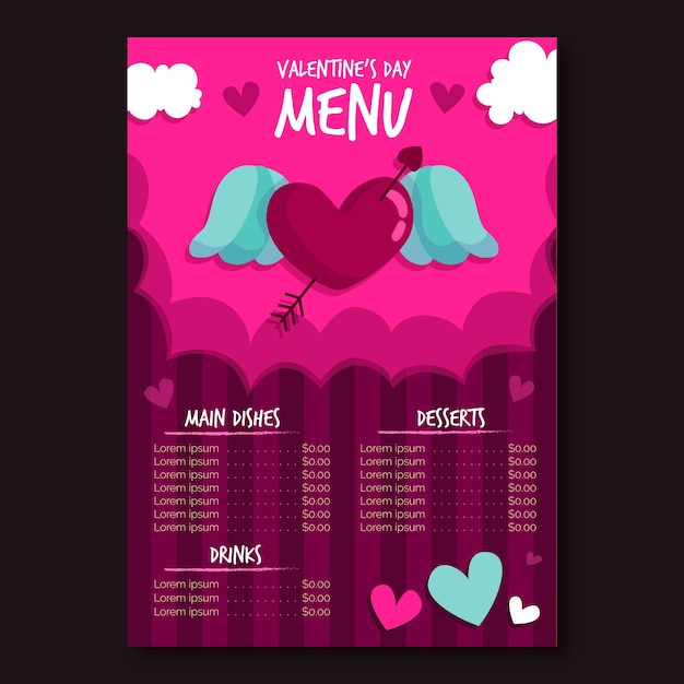 Modelo de menu de dia dos namorados em design plano