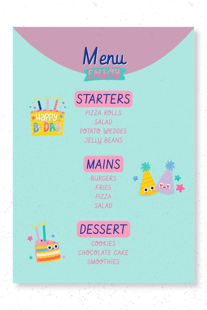 Modelo de menu de festa de aniversário infantil