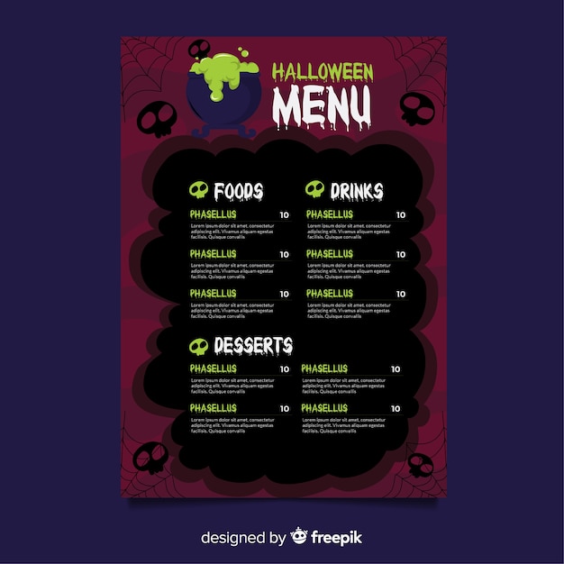 Modelo de menu de halloween com design plano