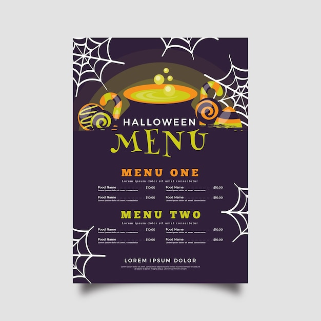 Vetor grátis modelo de menu de halloween de design plano