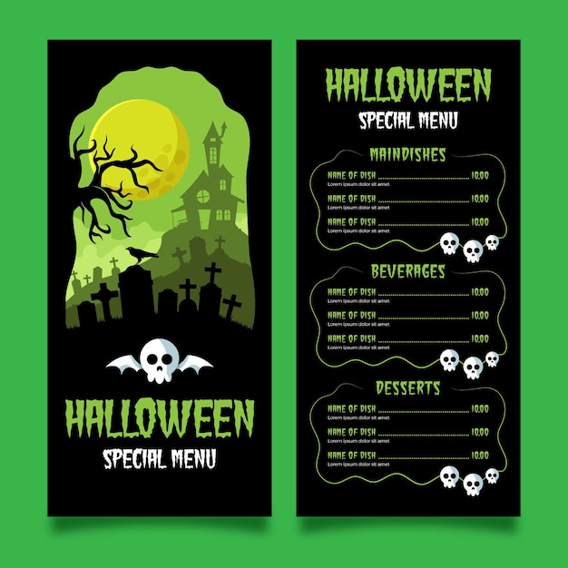 Modelo de menu de halloween de design plano