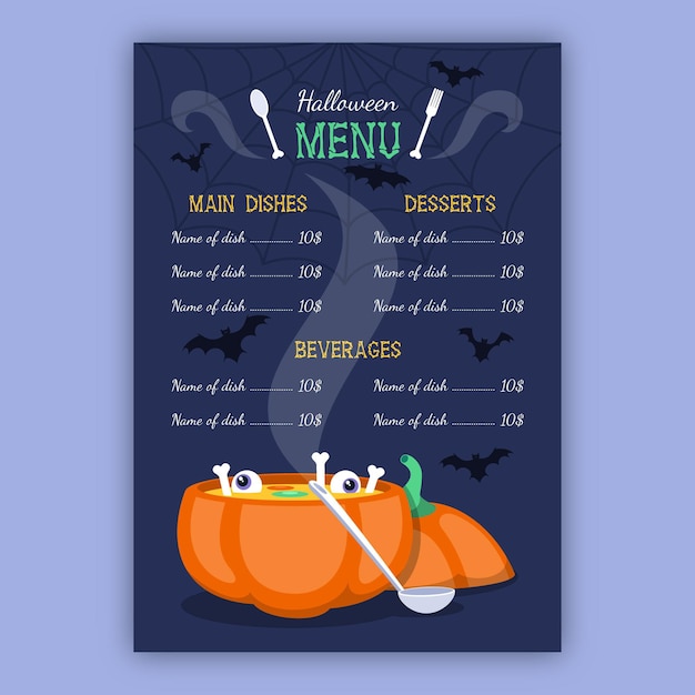 Modelo de menu de halloween de design plano