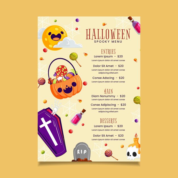 Vetor grátis modelo de menu de halloween desenhado à mão