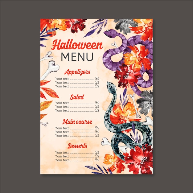 Vetor grátis modelo de menu de halloween em aquarela