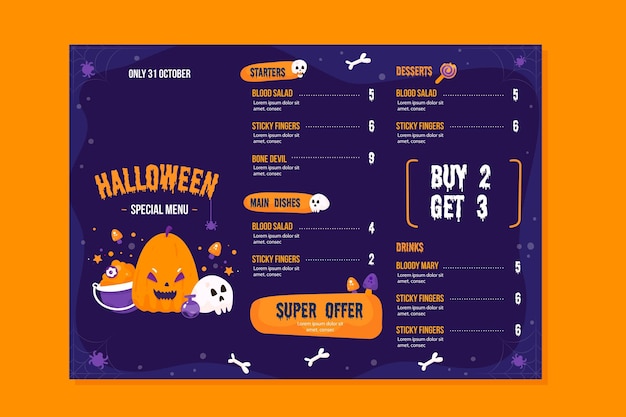 Modelo de menu de halloween em design plano