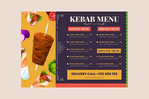 Vetor grátis modelo de menu de kebab de design plano
