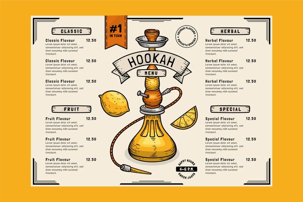 Modelo de menu de narguilé desenhado à mão