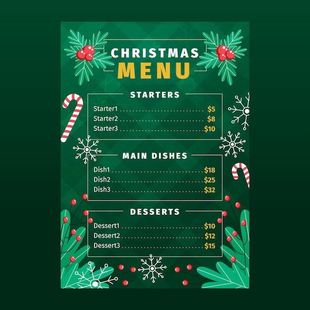Modelo de menu de Natal de design plano com coroa de flores