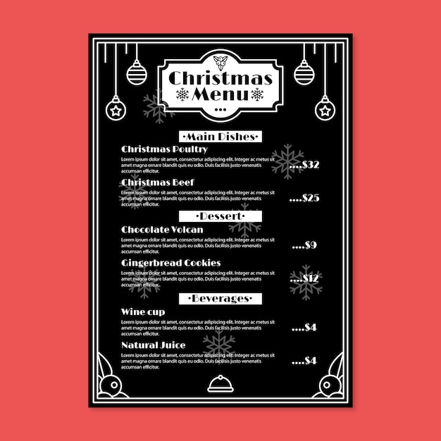 Modelo de menu de natal de design plano