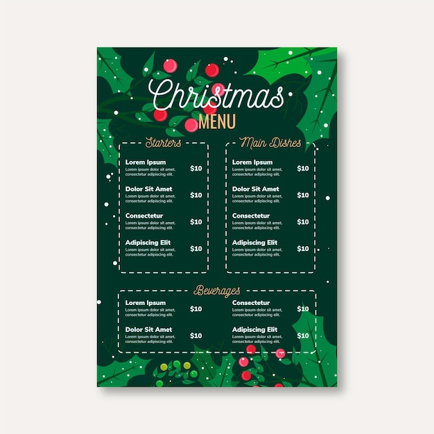 Modelo de menu de natal de design plano