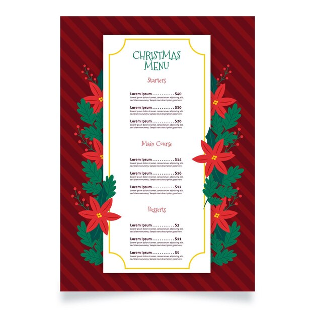 Modelo de menu de natal de design plano