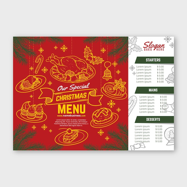 Modelo de menu de natal desenhado à mão