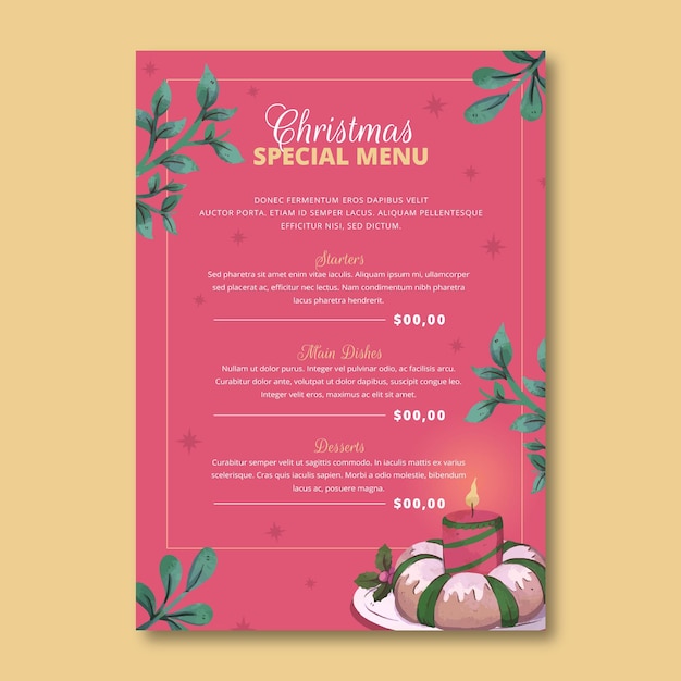 Modelo de menu de natal em aquarela