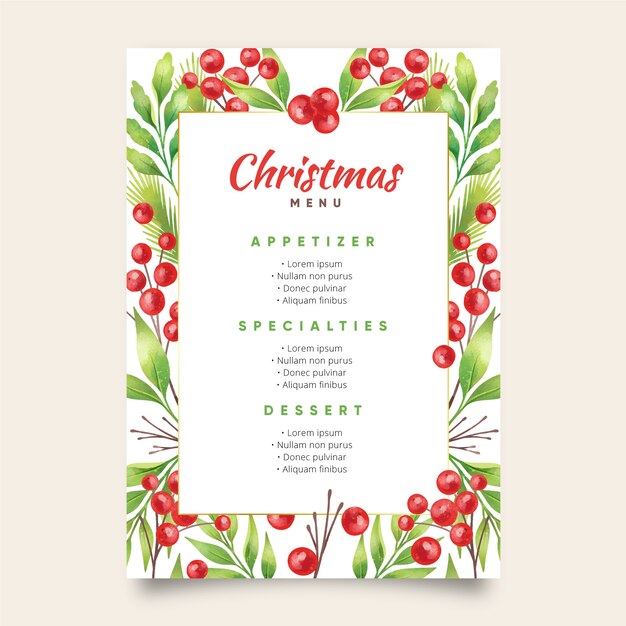 Modelo de menu de Natal em aquarela