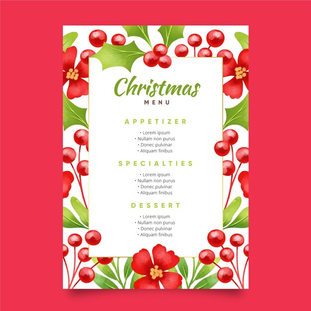 Modelo de menu de Natal em aquarela