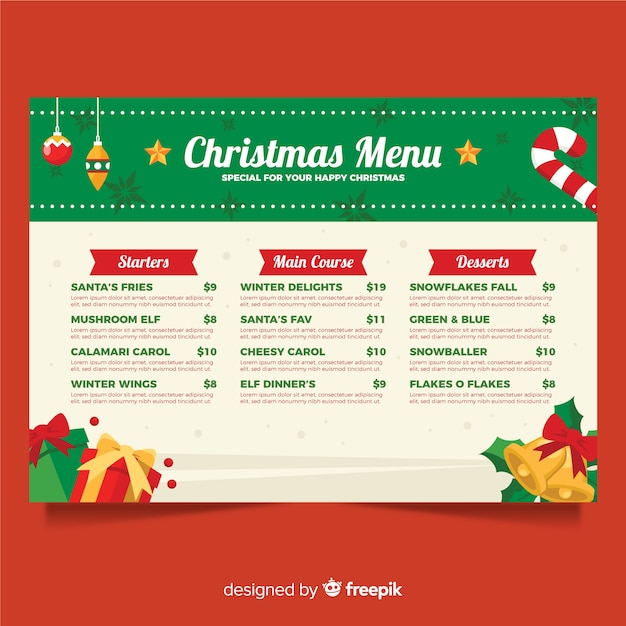 Modelo de menu de natal em design plano