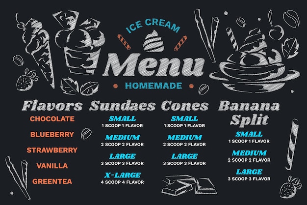 Vetor grátis modelo de menu de quadro de sorvete desenhado à mão