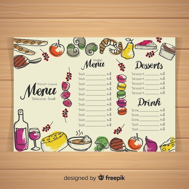 Modelo de menu de restaurante colorido mão desenhada