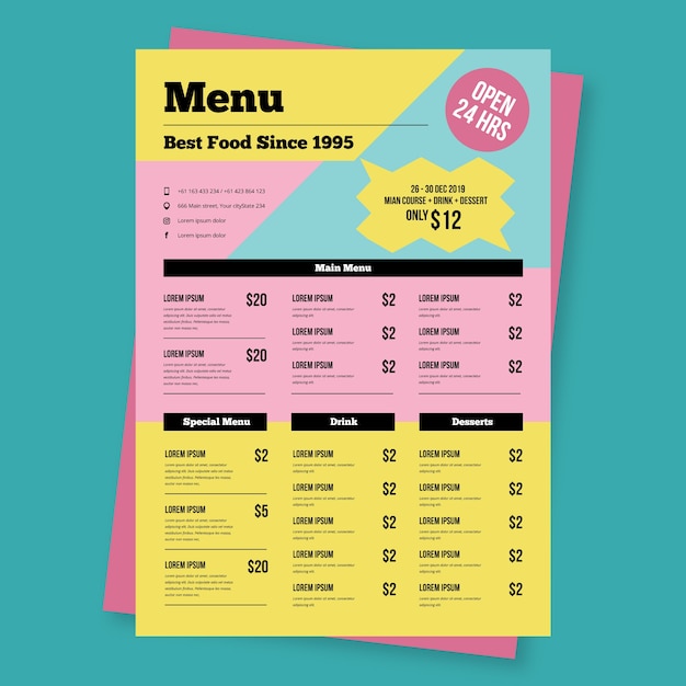 Vetor grátis modelo de menu de restaurante colorido