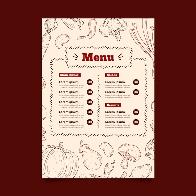 Modelo de menu de restaurante com desenhos